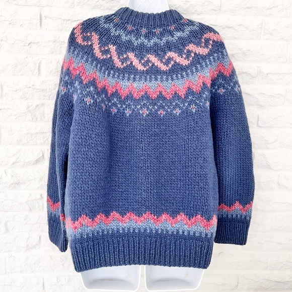 Vintage Dobrila Hand Knit 100% Wool Blue and Pink Fair Isle Cardigan, Size S - Picture 2 of 3